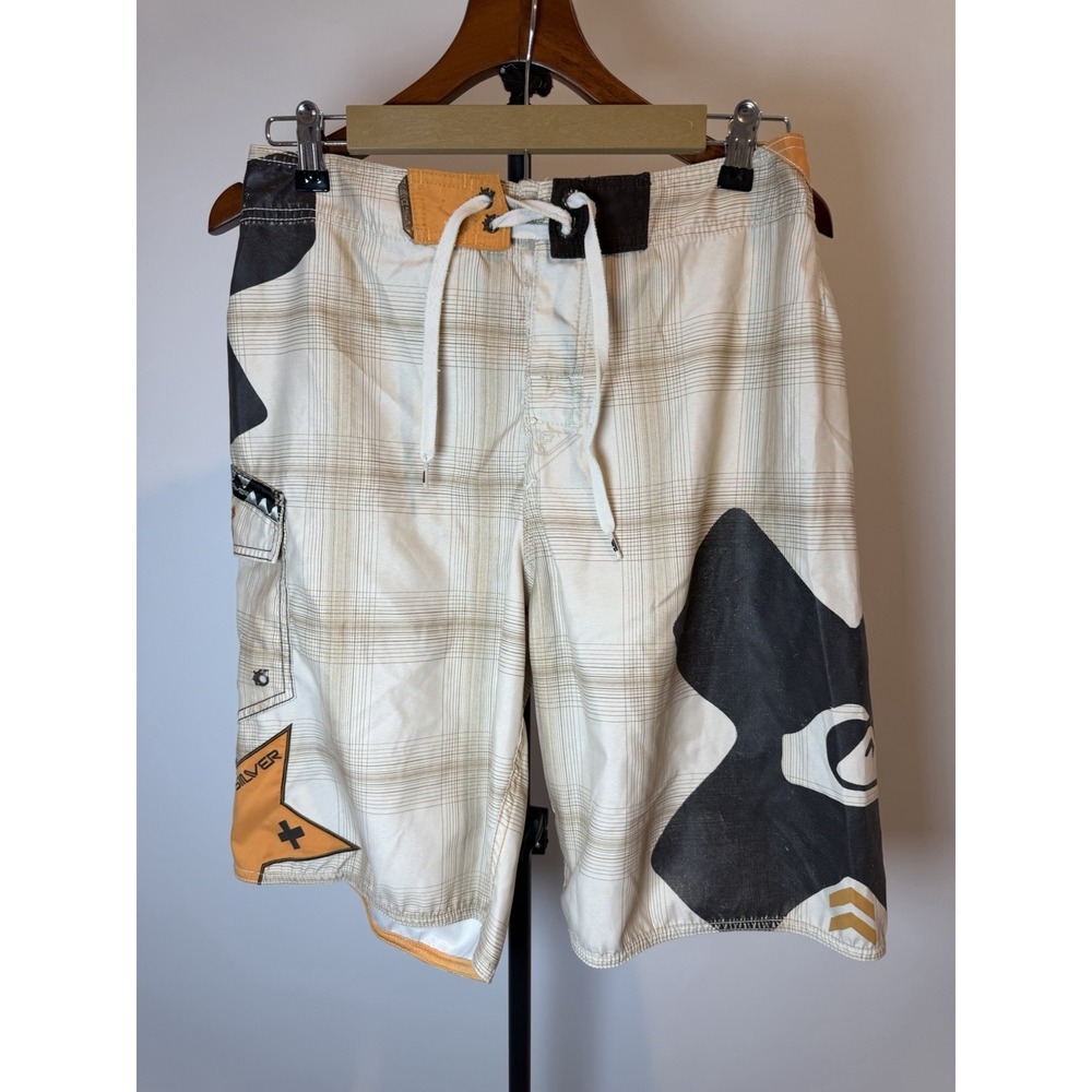 Quiksilver Mens Boardshorts Sz 32 White And Yellow Vintage Surfing Swim Trunks